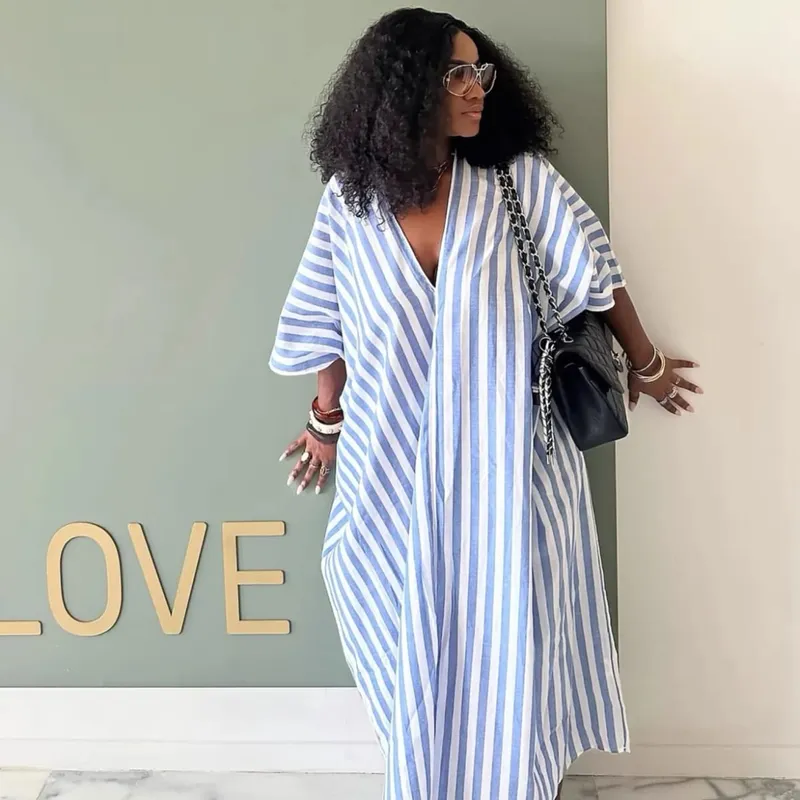 2026 Fall Holiday Half Sleeve Striped Print V-Neck Loose Long Dress Street Africa Women Party Vestidos Dresses Vestidos
