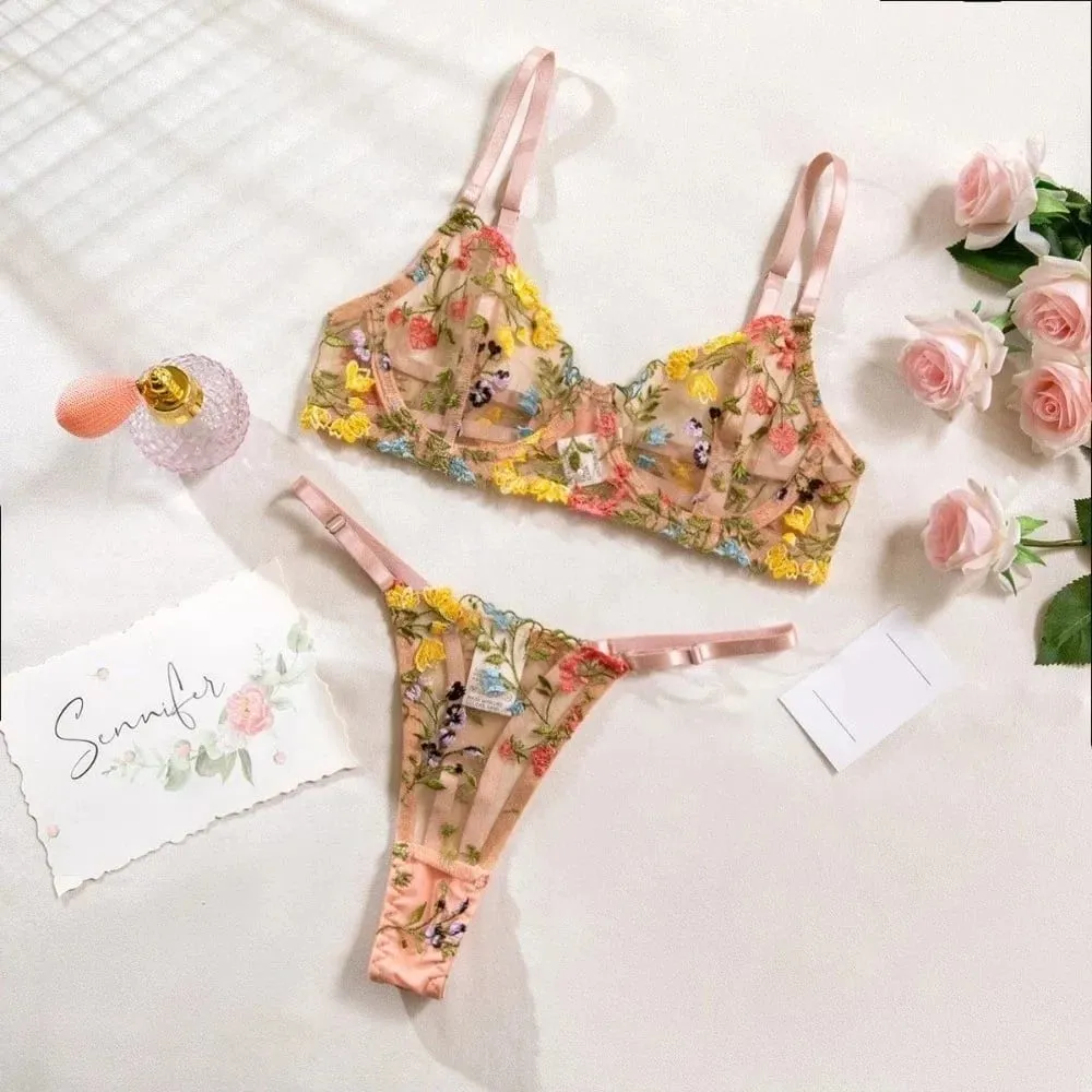 Versatile Transparent Lingerie Set Ultra-thin Push Up Panties Bra Set Elegant Embroidery Floral Underwear Honeymoon — image 3