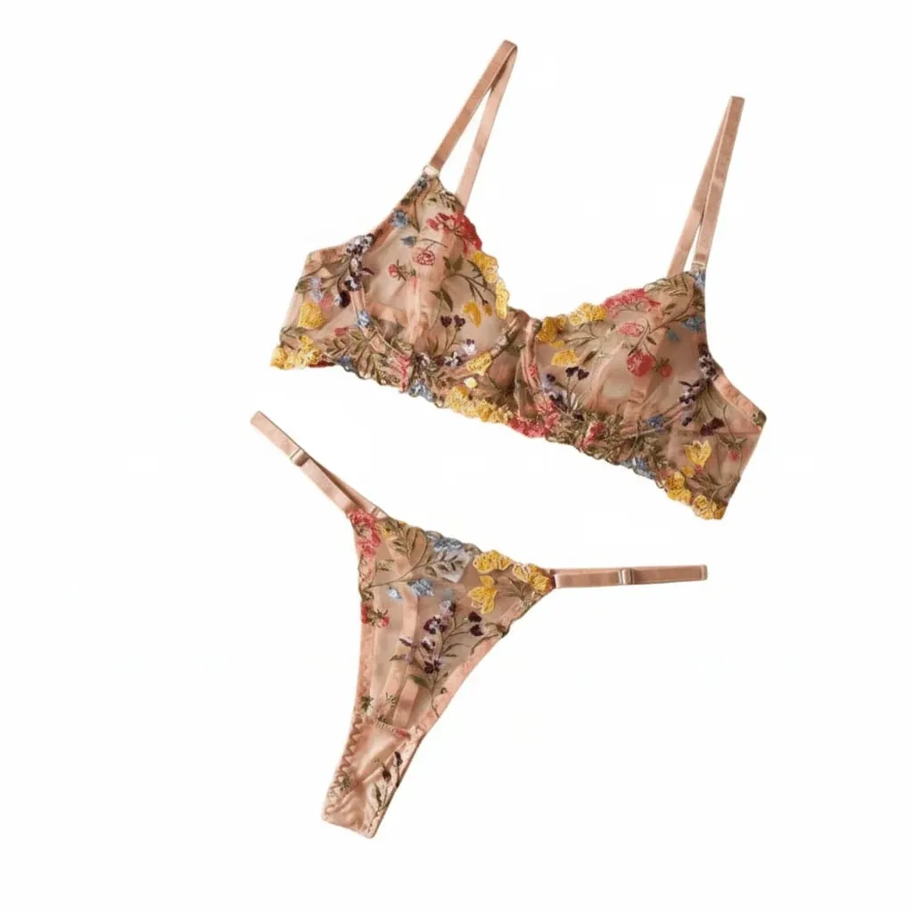 2-Piece Versatile Floral Lingerie Set Embroidery Sheer Women Underwear Wireless Bra — image 2