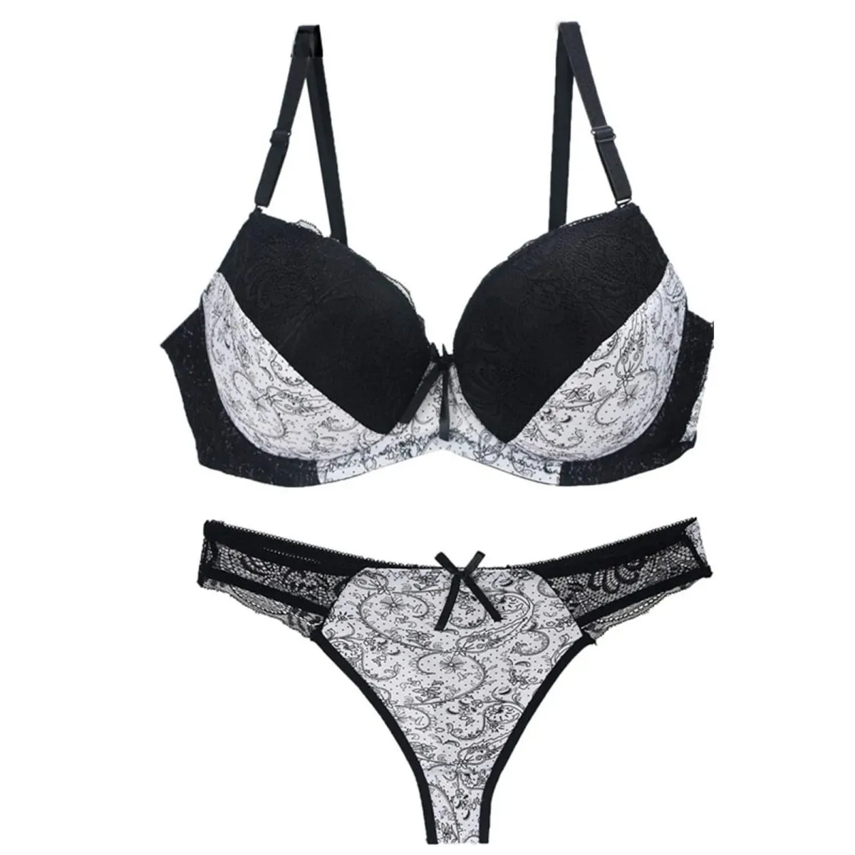 Women Color Block Floral Lace Print Bra Briefs Set Push Up Adjustable Support Sexy Thong Panties Daily Women Lingerie Set