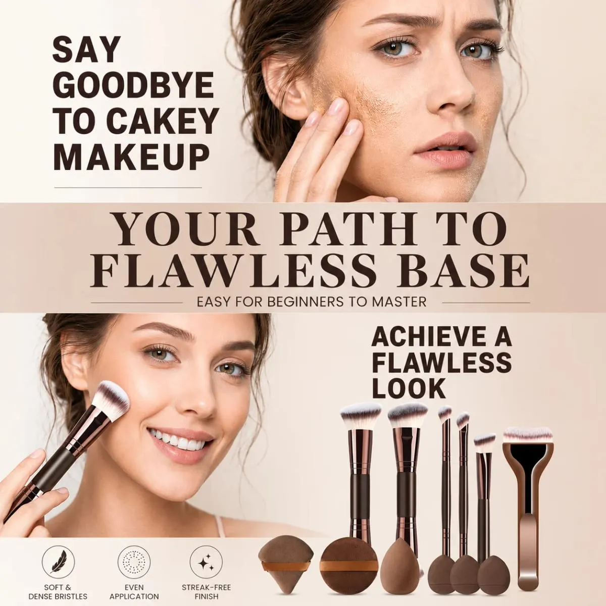 12dílná sada štětců na make-up se 6 plochými a kulatými štětci a 6 houbičkami na podkladovou pudrovou tvářenku a oční stíny