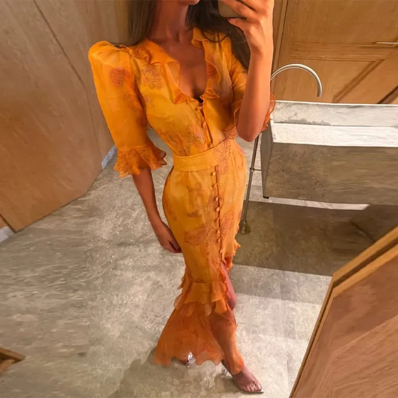 Sexy Printed Flower Long Women's Dress Sleeveless Waist-Closed Slash Neck Lady Dresses Summer Sling Vacation Holiday Robe — image 10