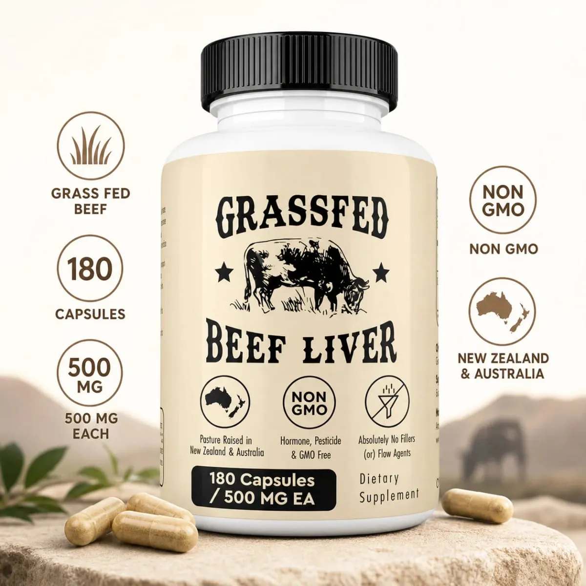 Cápsulas de fígado bovino alimentado com pasto 500 mg cada pasto criado suplemento de fígado bovino não OGM 180 cápsulas — image 1