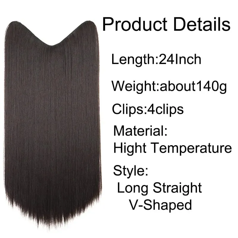 Synthetic 24Inch Long Straight One Piece Hair Extension 4 Clips V-shaped Hairstyle Black Brown Hairpiece for Women Daily Use — image 2