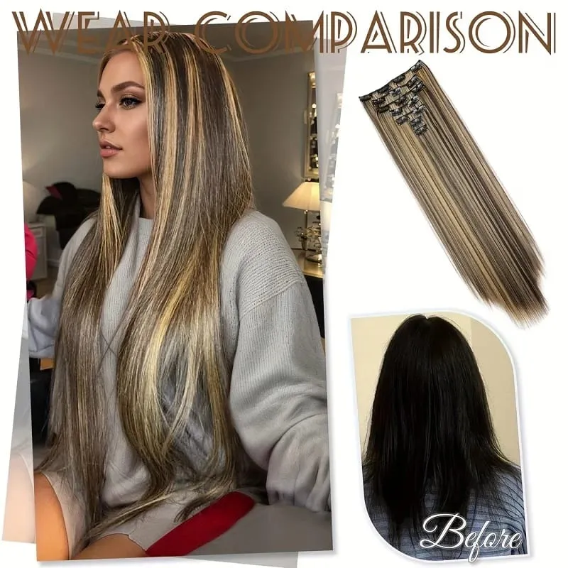 24Inch Synthetic 7pcs/set Long Straight Clip in Hair Extensions Invisible Fake Clips on Hairpieces for Women Party Daily Use