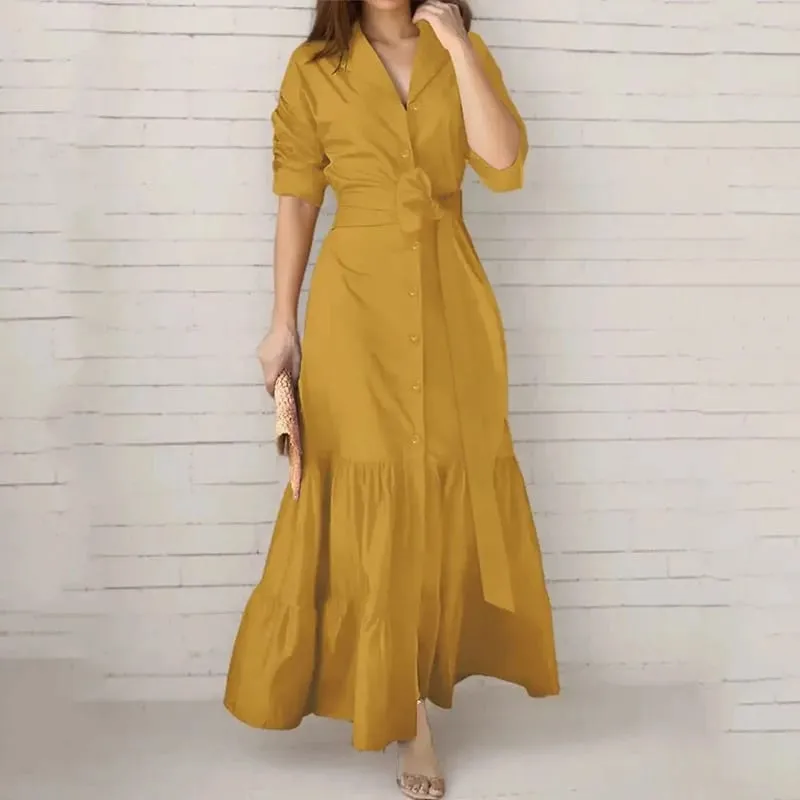 Spring Summer New Women's Long Solid Color Shirt Dresses Versatile Elegant V Neck Lace Up Cinched Waist Single Breasted Dress — image 8
