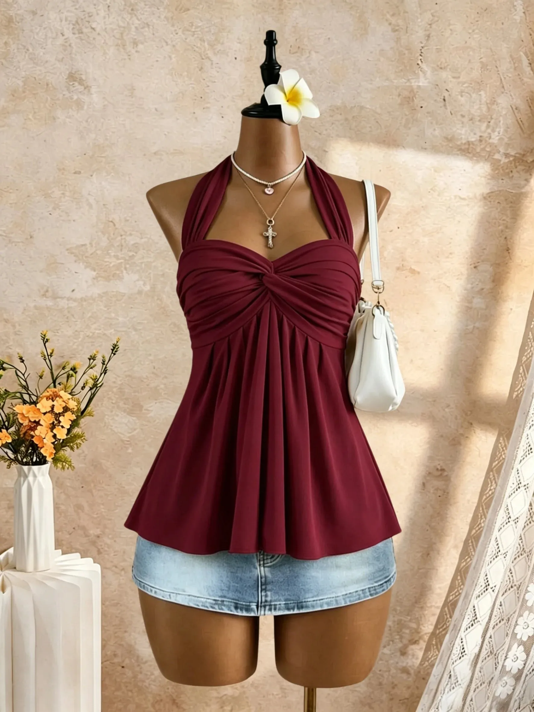 Women Halter Twist Front Sweetheart Neck Flared Peplum Camisole 2026 Summer Y2K Solid White Sleeveless Flowy Beach Vacation Tank — image 13