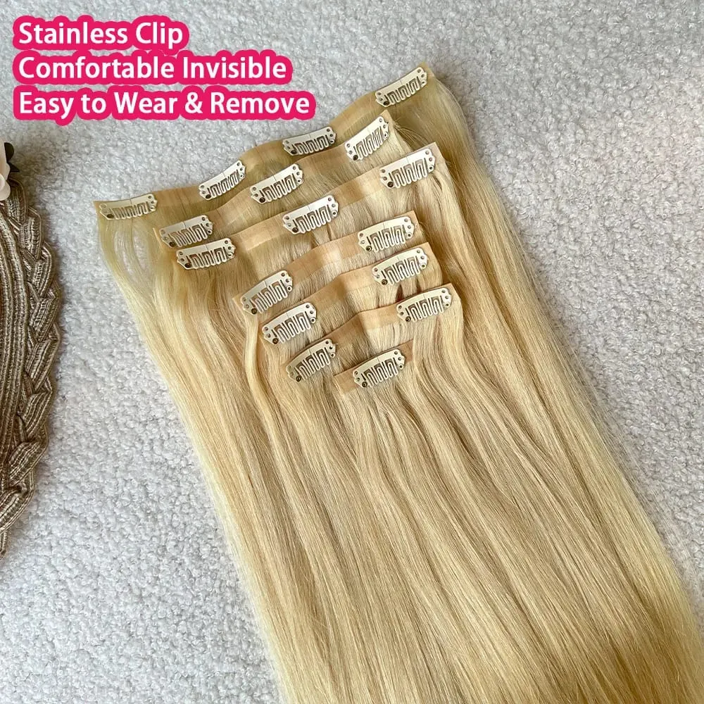 #613 Blonde Clip in Hair Extensions Human Hair Straight Virgin Human Hair Extensions Clip ins for Women 120g/7Pcs — image 4
