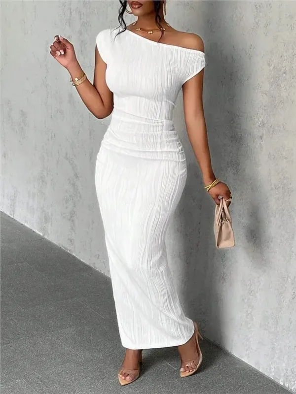 Mode Vatten Ripple Sned Shoulder Dress Dam Elegant och Enkel Enfärgad A-linje krage Mellan midjan Sexig höftomlott kjol — image 8