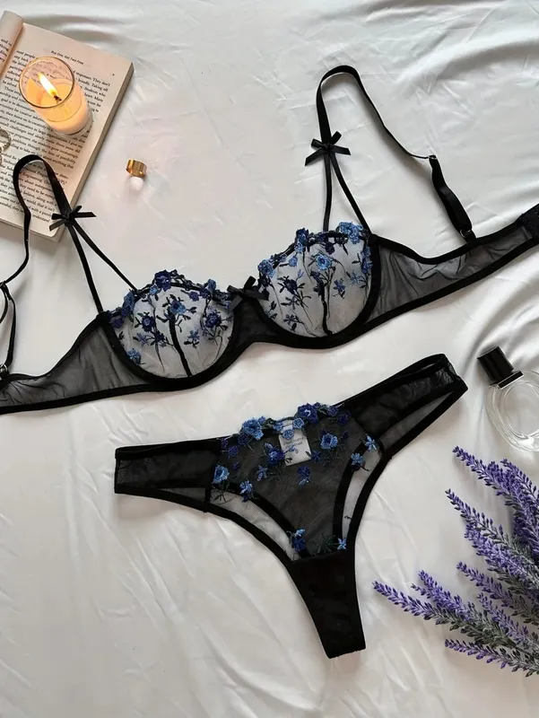 Lingerie feminina noite linda sexy feminina 2 peças floral bordado roupa interior lingerie erótica conjunto conjuntos de mujer