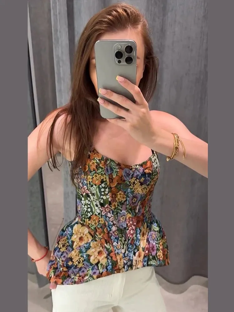 Elegant and Sexy Retro Printed Camisole Tight Corset Women's Backless Zipper Sleeveless Slim Fit High Street Party Vacation Top