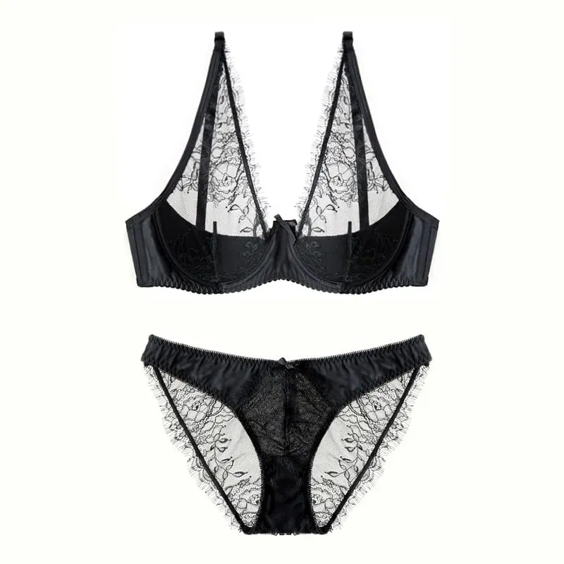 style thin cup cotton young ladies underwear lash transparent sexy women summer bra set lace female lingerie plus size — image 2