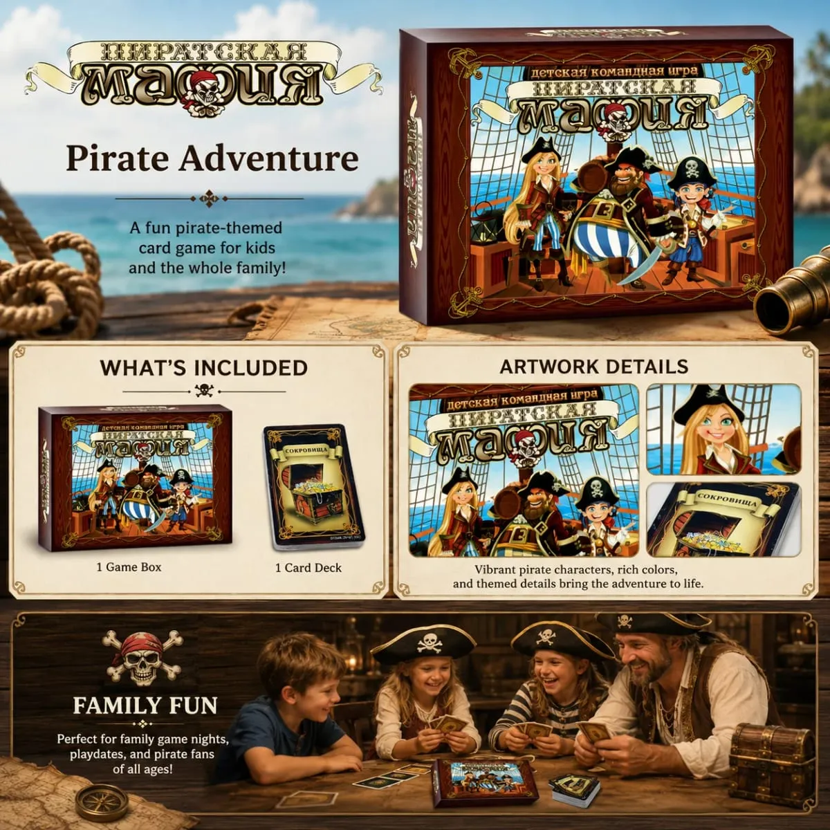 Pirate Mafia Kids Team Card Board Game Adventure Social Deduction Roleplay Strategy Family Party Russian Version