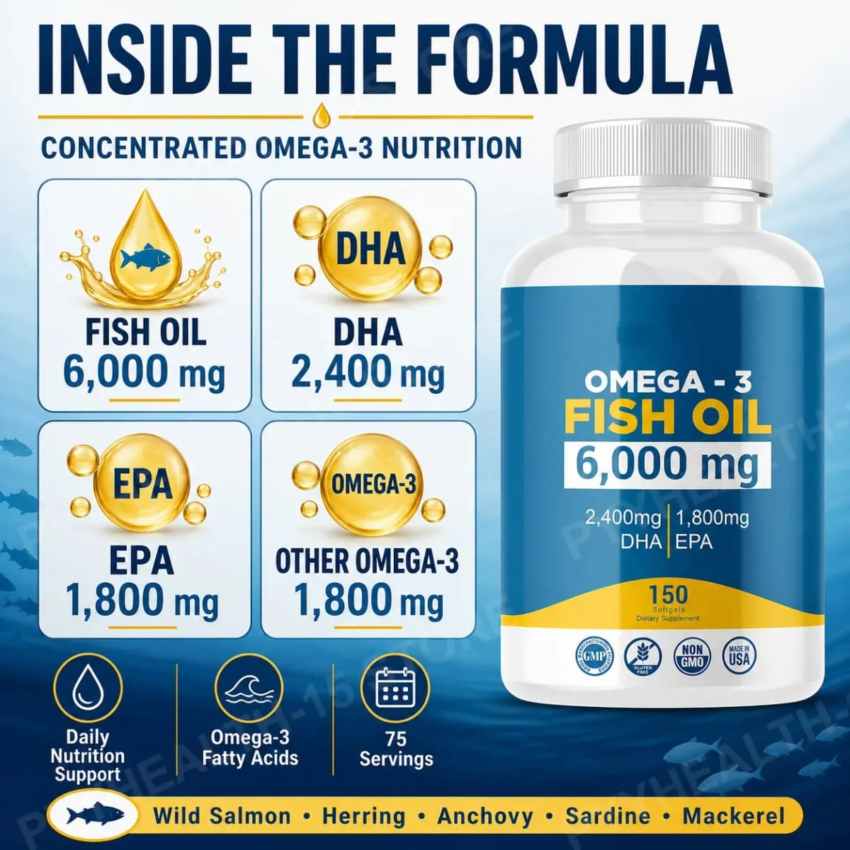 Omega-3 Fish Oil 6000mg Softgels High DHA EPA Formula 2400mg DHA 1800mg EPA Non-GMO 150 Capsules Heart Brain Nutrition Support — image 3