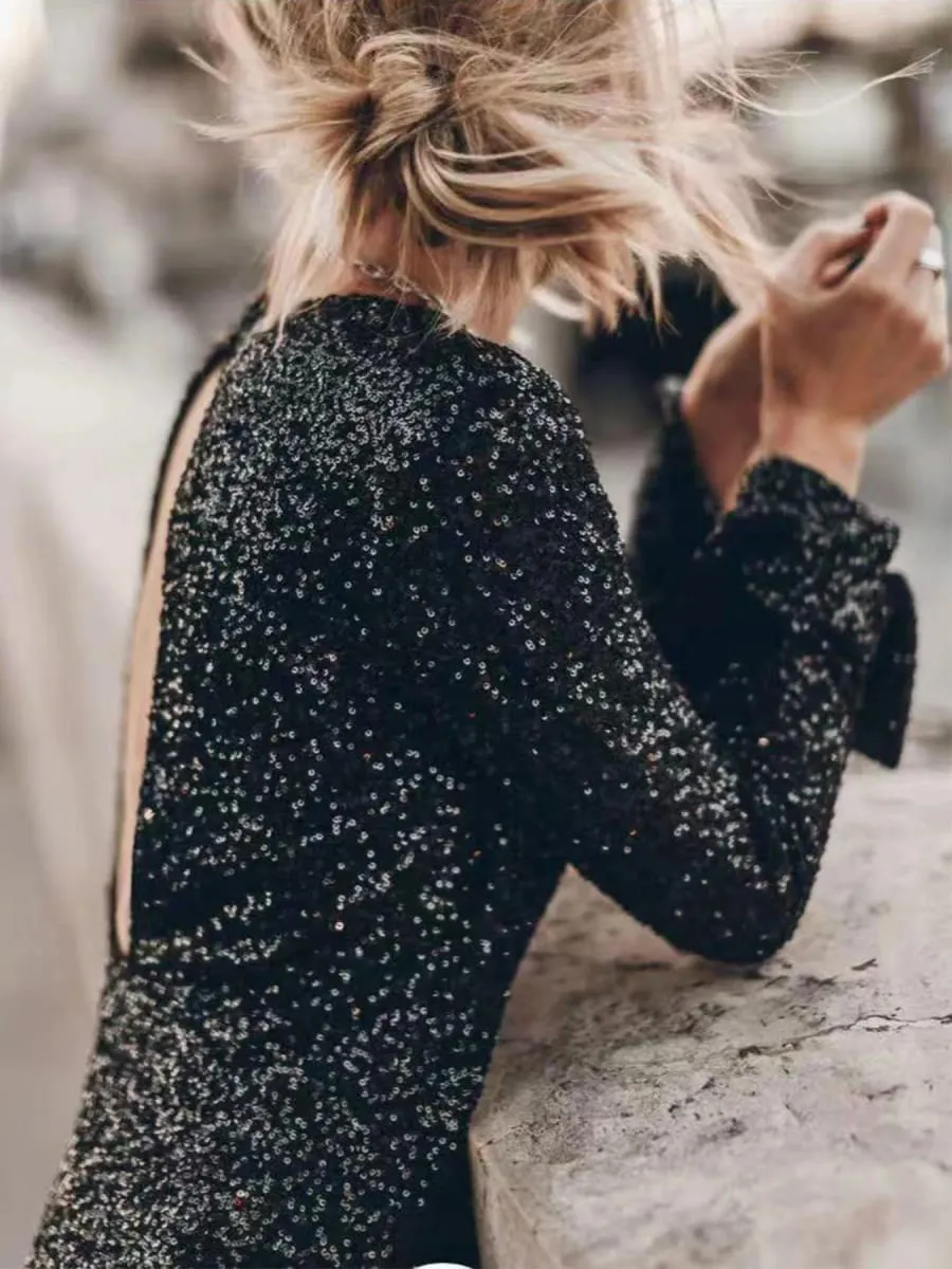Trendy Sexy Glitter Sequin Shiny Club Party Dress Women Spring O-neck Backless Button Hip Dress Fall Long Sleeve Slim Mini Dress — image 6