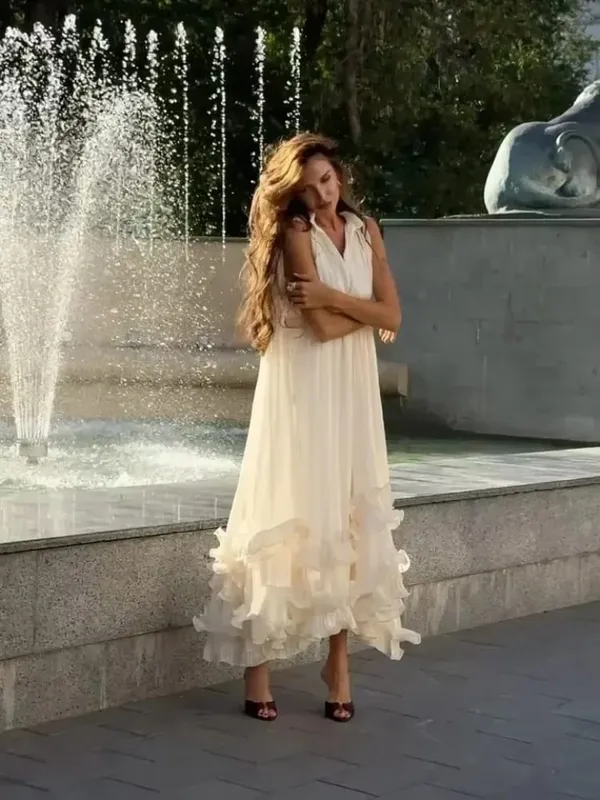 Sólido multi-camada babados maxi vestido feminino elegante sem mangas fora do ombro vestidos de cintura alta 2026 férias roupas femininas