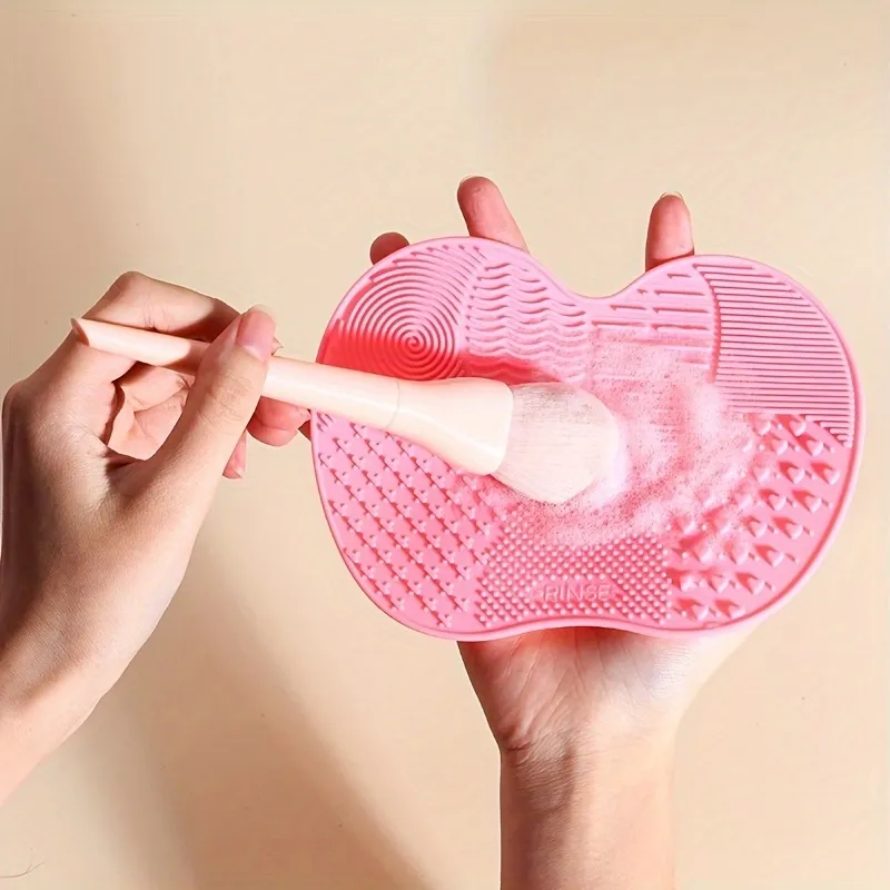 Apple Shaped Pink Cleaning Brush: A Small Suction Cup Cleaning Tool Designed Specifically For Cleaning Makeup Brushes — image 1
