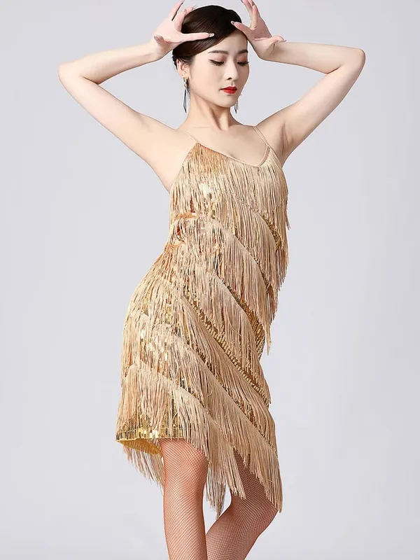Dam 1920-tal Vintage Great Gatsby Party Paljettklänning Sexig V-ringad Sommar Cami Klänning Guld fransklänning Vestidos Flapper Kostymer