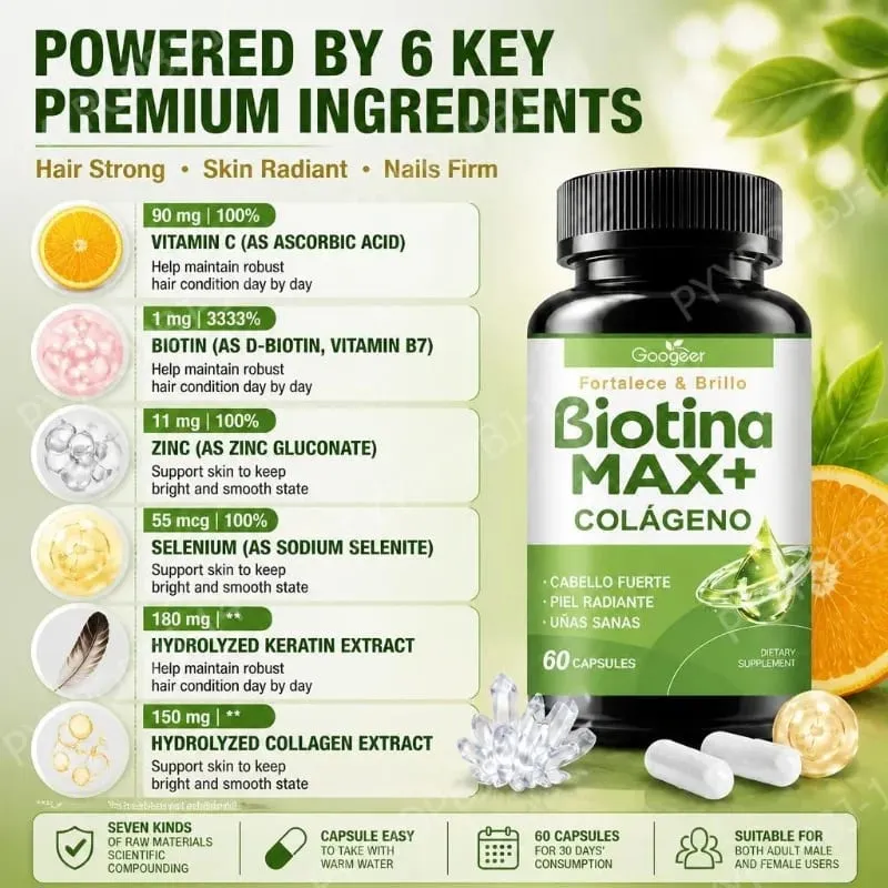 Googeer Biotin Collagen Capsules for Hair Skin and Nail Support with Zinc Selenium and Hydrolyzed Keratin Extract 60 Capsules
