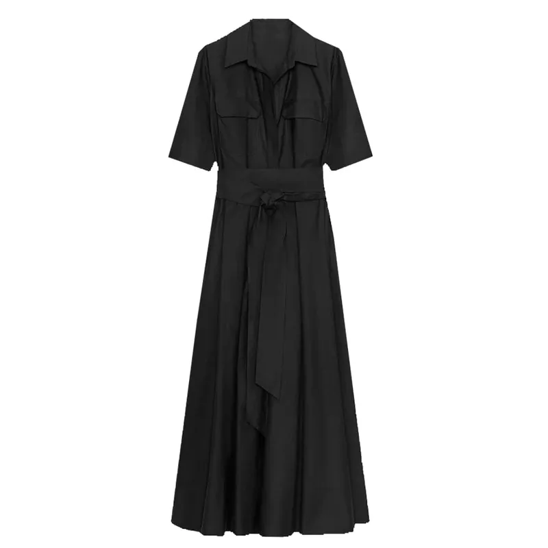 Elegant Maikling Manggas Lapel Midi Dress Para sa Babae Chic Solid Single Breasted Waist Long Dress Lady Holiday Evening Party Vestidos