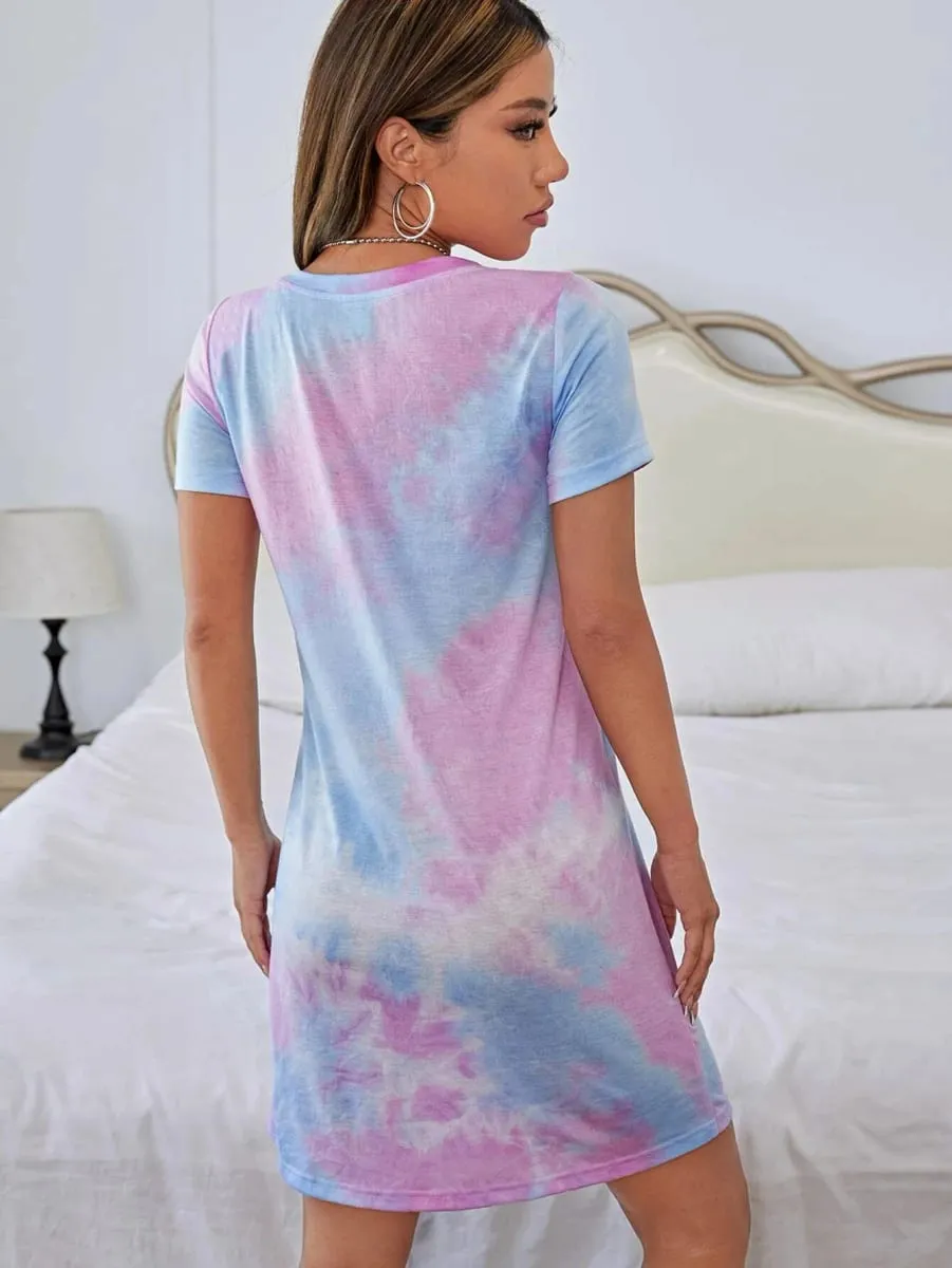Women's Tie-Dye Printed Casual Pajama Dress Short-Sleeved Round Neck T-Shirt Dress Comfortable Loungewear — image 3
