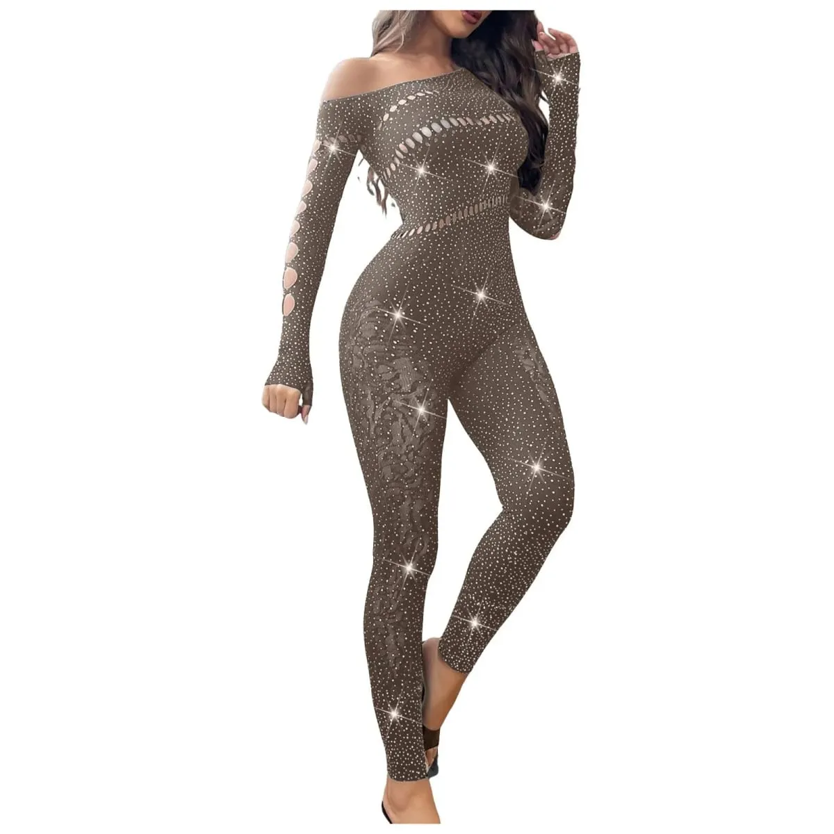 Women Sexy Mesh Rhinestone Jumpsuit Long Sleeve See Through High Stretch Body Stockings Jumpsuit Club Plus Size Stock Lingerie