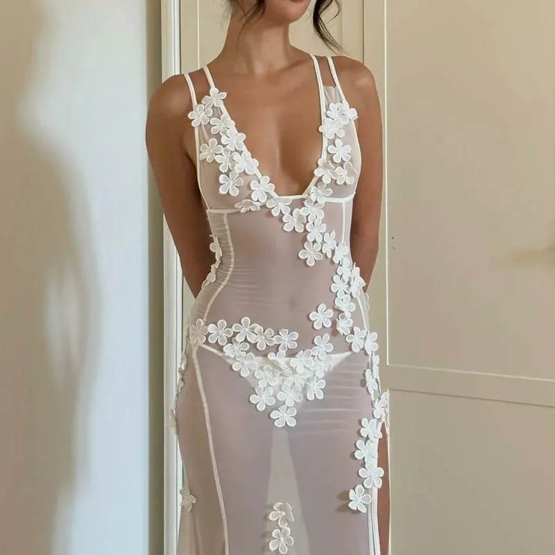 Kvinnor Sexig Fest Natt Rygglös V-hals Delad Cocktailklänning 90-talet Vintage Blommig Sheer Mesh Lång Klänning Chic Boho Beach Cover-ups — image 7