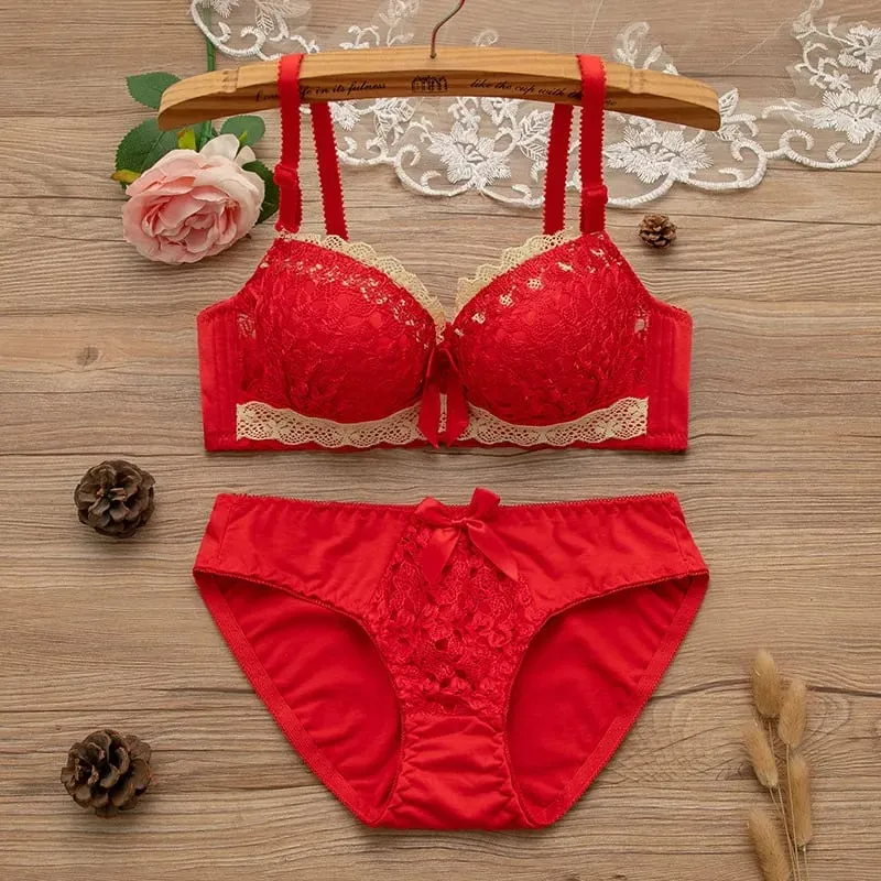 Women 2Pcs Intimates Set Sweet Peach Contrast Lace Floral Bow Underwire Bra Soft Cotton Mid Waist Panties Daily Comfort Lingerie