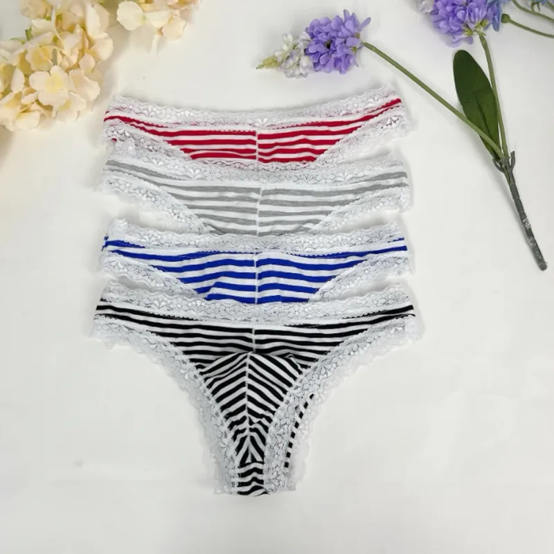 Men Lace Trim Striped G-string Underwear Half-covered Butt Low-rise Pantie Thong Half Hip Men Briefs Mens Sexy Underwear — image 5