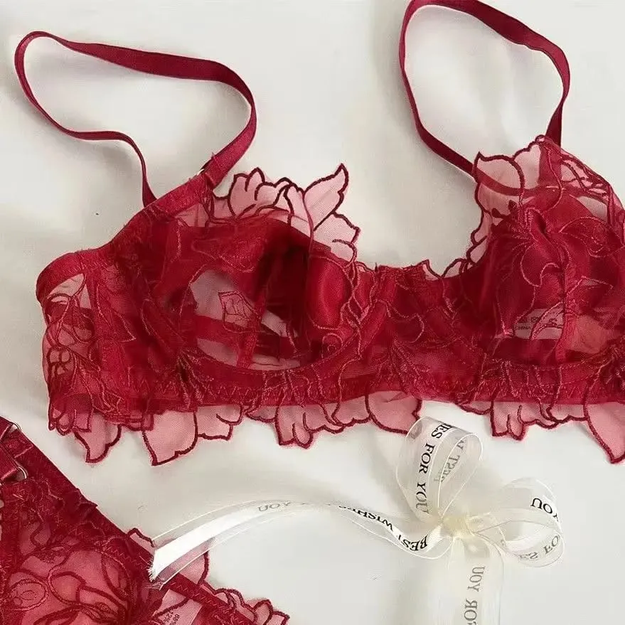 Sexy renda leve conjunto de sutiã macio underwire para elevador e suporte evita flacidez requintado bordado lingerie conjunto de duas peças — image 6