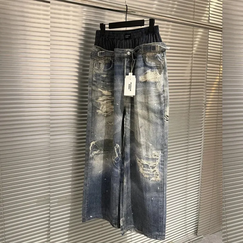 Trend Fashion Street Style Fake Two Piece Double Waist 3D Printed Digital Printed Ripped Baggy Protocol Index Jeans — image 7