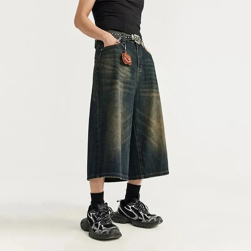 Men Vintage Washed Denim Shorts Loose Wide Leg Retro Nostalgic Tone Summer Streetwear Vintage Cropped Jeans — image 2