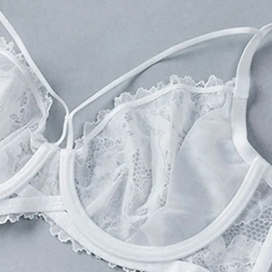 L'bellagiovanna Plus Size Minimizer Bra Set Strappy Caged Lace Lingerie Embroidery Sheer Mesh Bralette Underwire Unlined Bra B-E