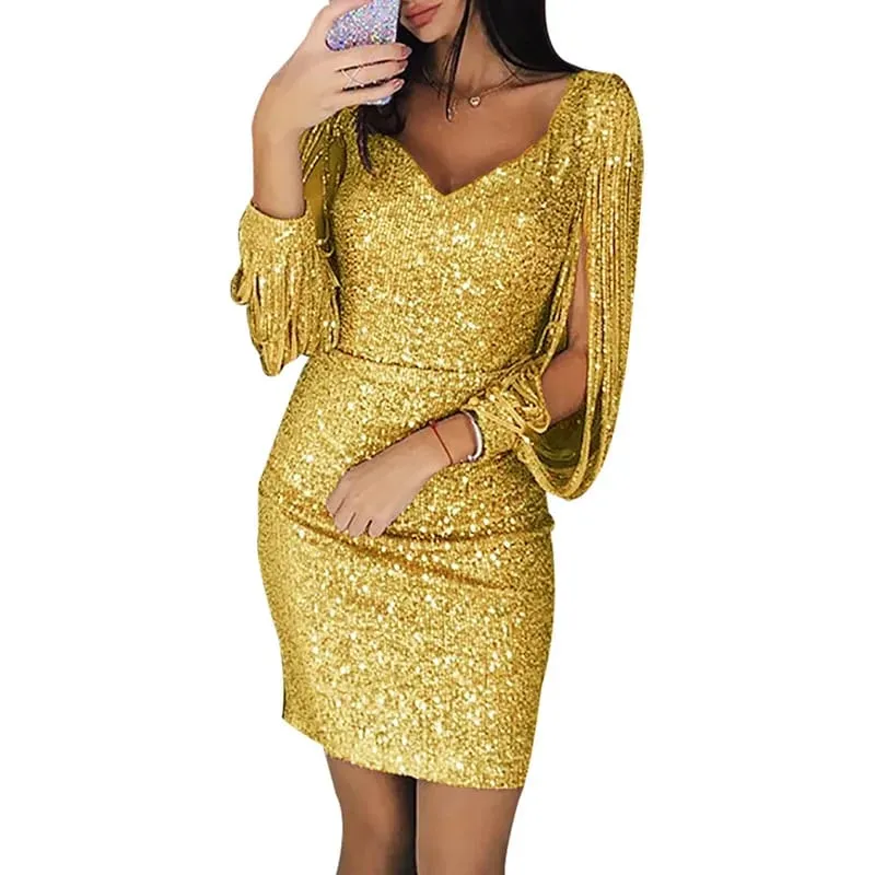 Evening Dresses for Women Elegant Long Sleeve Sequin Mini Dresses Sexy Ruched Bodycon Sparkly Glitter Cocktail Party Dresses — image 5