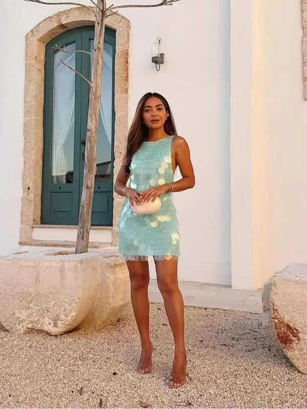 Pambabaeng Sexy Sequin Backless Short Dress High Waist Sleeveless Bodycon Mini Dresses 2026 Beach Vacation Party Club Outfits