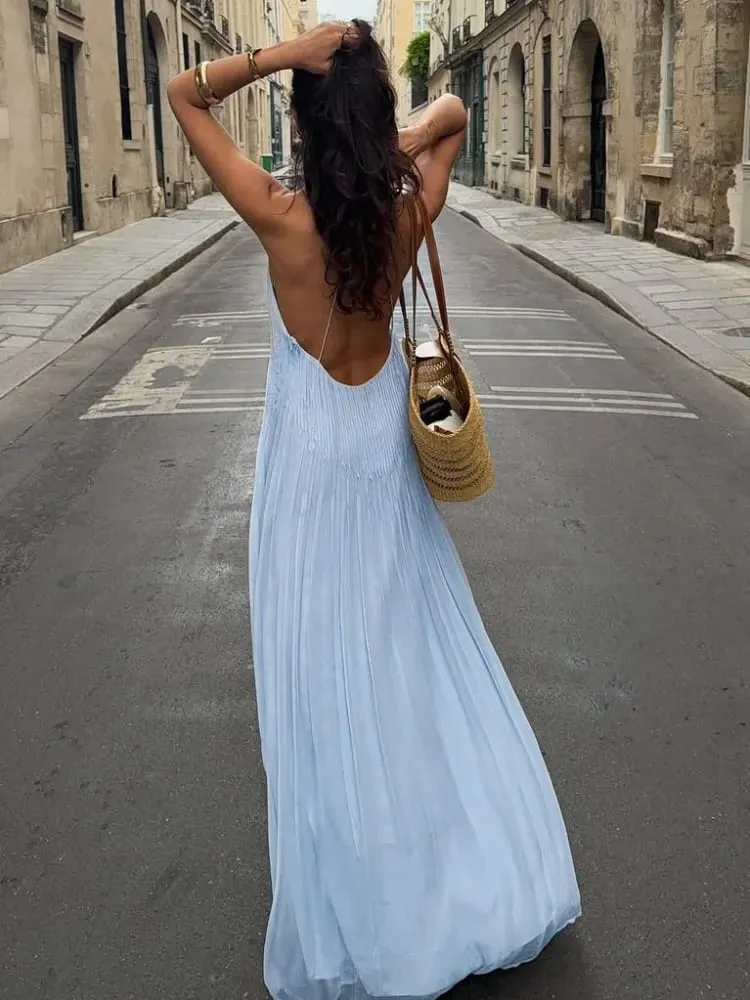 Sexy feminino cor sólida plissado vestido longo elegante sem mangas suspender sem costas magro ajuste vestidos de festa de praia robe feminino — image 7