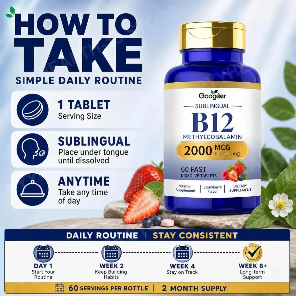 Googeer B12 Methylcobalamin Sublingual Fast Dissolve Tablets with Strawberry Flavor for Daily Body Comfort Support 60 Tablets — image 6