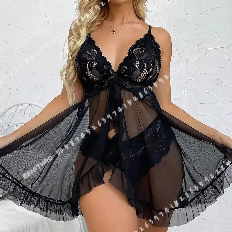 2 Pcs Women Lace Nightgown Set Deep V Neck Bra Panties Transparent Solid Slim Soft Split Nightdress Lingerie — image 6