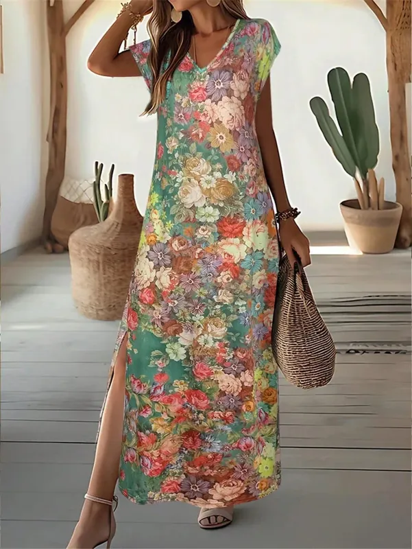 2026 Summer New Fashion Womens Colorful Floral Print V Neck Short Sleeve Maxi Dress Side Slit Summer Boho Loose Fit Long Dress