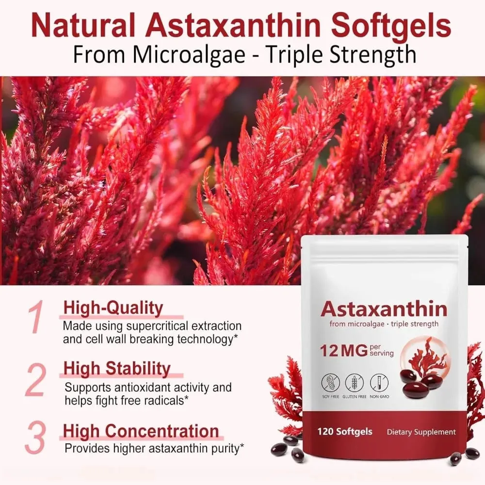 Astaxanthin Softgels 12mg Per Serving Microalgae 120 CT Gluten-Free Soy-Free Non-GMO Vegan Supports Antioxidant Activity — image 1