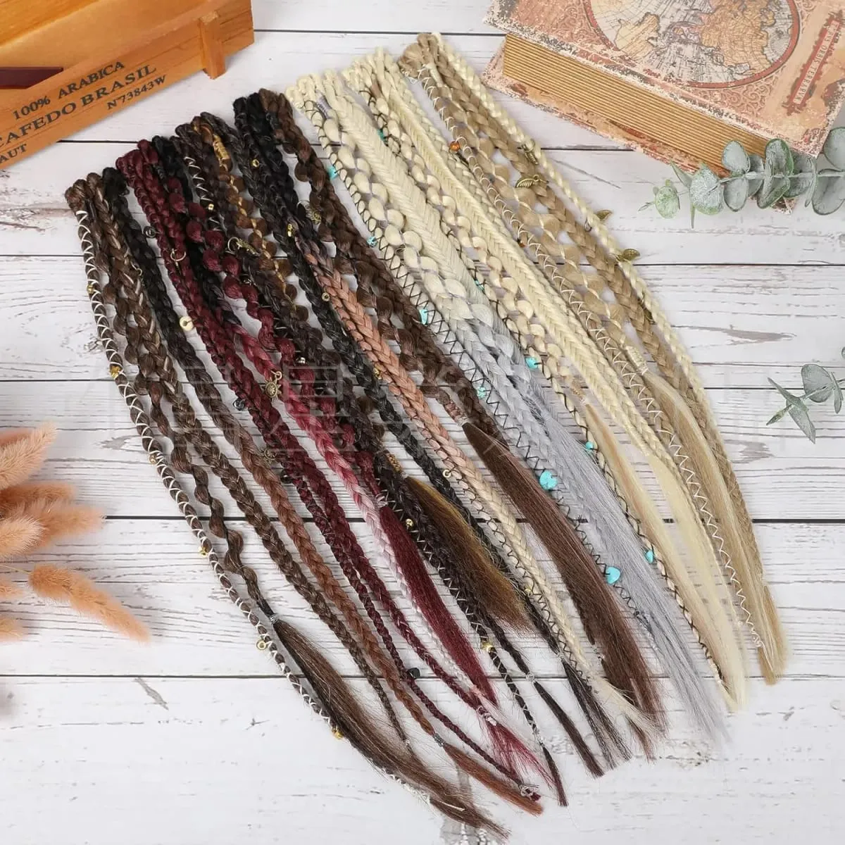 2PCS Synthetic 20Inch Bohemian Braided Ponytail Hair Extensions With Metal Charms Brown Mix Burgundy Handmade Box Braid Ponytail