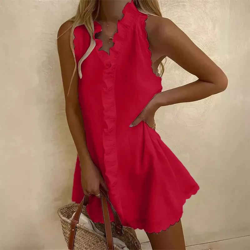 2025 verão sexy casual mini vestido feminino moda elegante férias cor sólida plissado sem mangas vestidos com decote em v vestidos soltos — image 10