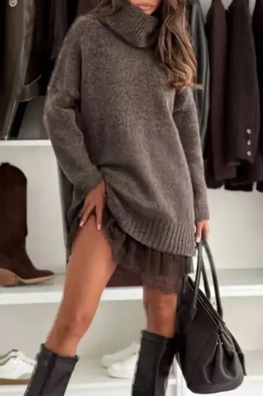 Novo vestido feminino 2 peças camisola de malha gola alta renda solta moda ombro gota manga longa mini saia feminina