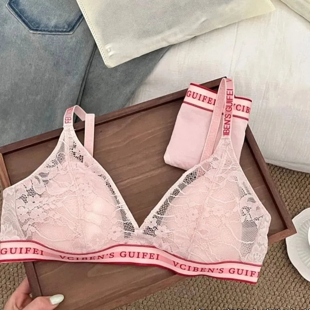 Comfortable Letter Design Lingerie Set Lace Deep V Women Underwear Suit Wireless Color Blocking Bra Panties Set Famle — image 4