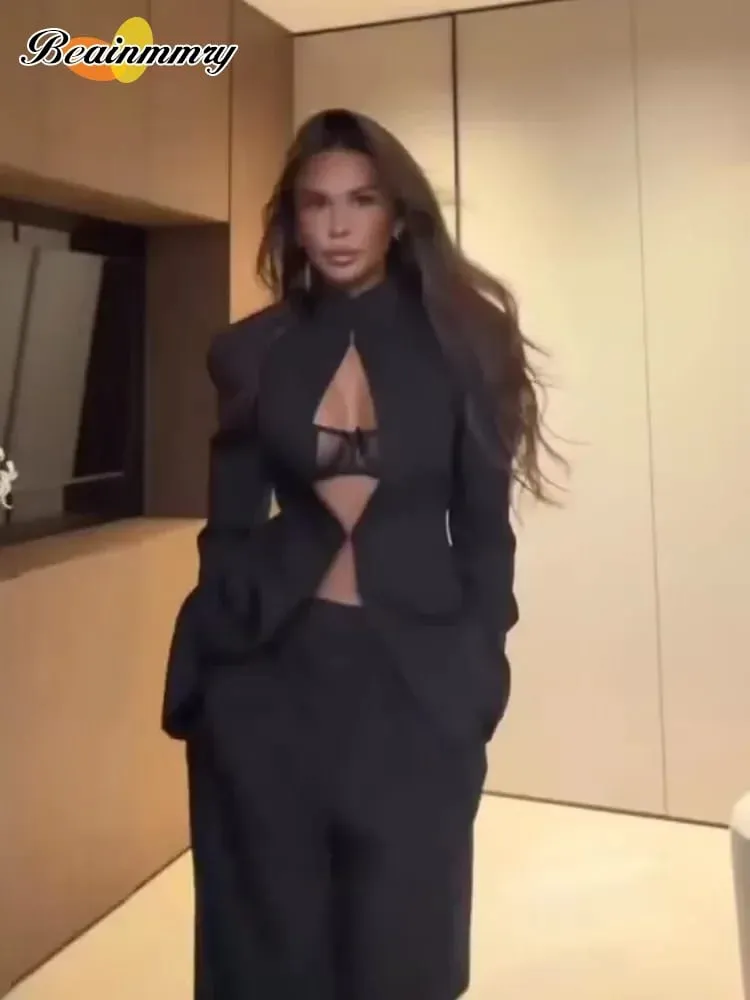 Sexig svart ihålig kavajklänning Kvinnor Elegant axelvaddar med hel ärm Miniklänning med snäppning i midjan 2026 Lady Evening Party Wear Nytt — image 6