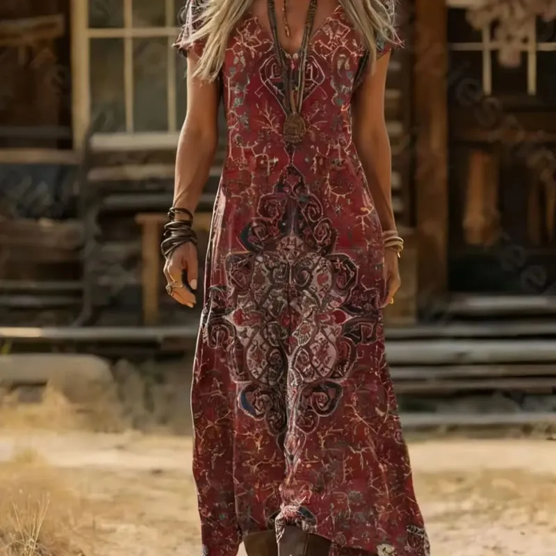 Summer Boho Floral Print V-Neck Short Sleeve Maxi Dress Loose Fit Slimming Ethnic Style Vacation Dress — image 7