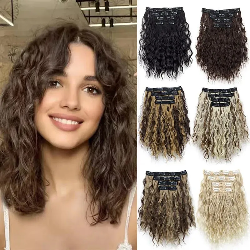 4 Pieces/Set Synthetic Clip In Hair Extensions Short Water Ripple Hair Pieces Soft Fluffy Curly Wig Fashion Hair Accessories — image 2