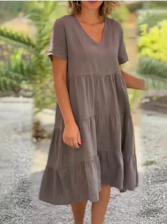 Vestidos femininos casuais de linho de algodão 2025 primavera/verão doce manga curta sólida decote em v grande balanço vestido solto S-5XL — image 7