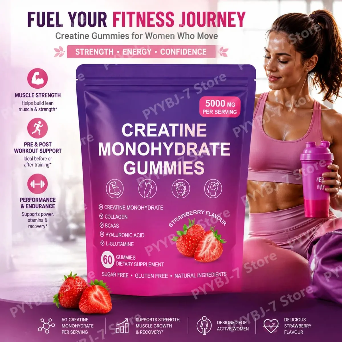 Creatine Gummies with Collagen BCAA Hyaluronic Acid Vitamin D3 Zinc Fitness Supplement for Active Adults Workout Support Sugar