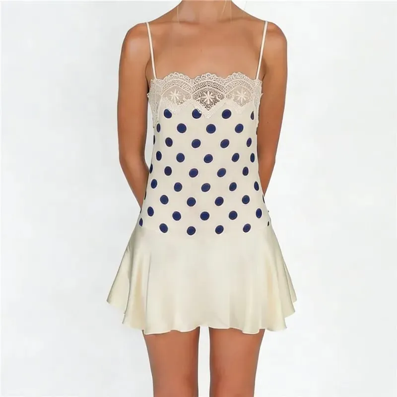 Mulheres y2k bolinhas cami vestido renda guarnição cinta de espaguete cetim plissado bainha bodycon mini vestido verão casual streetwear — image 7